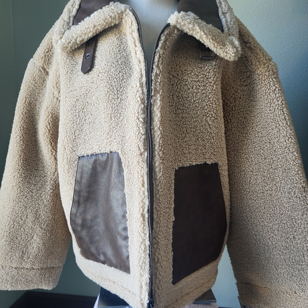 Levi's Cream Sherpa Bomber Jacket with Brown Patch Accents